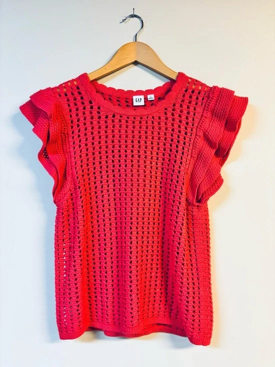 Gap Crochet Flutter Sleeve Coral Scalloped Sweater Tank Small - Picture 3 of 7